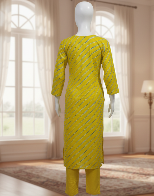 Yellow & Green Cotton Printed Kurta Pant & Dupatta Set