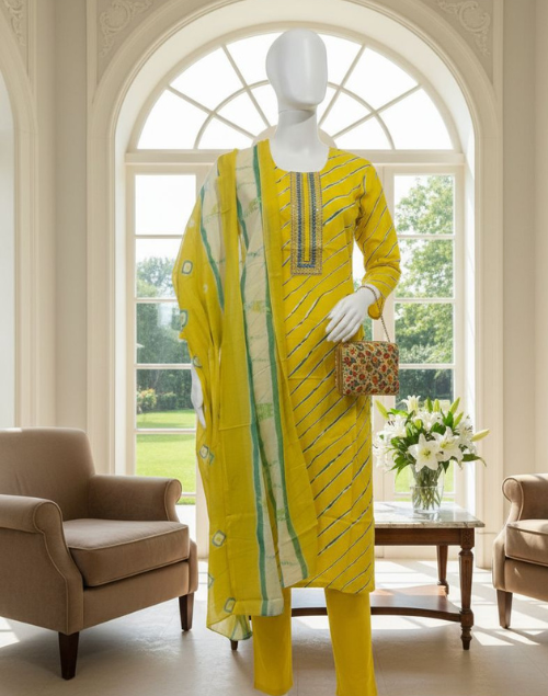 Yellow & Green Cotton Printed Kurta Pant & Dupatta Set
