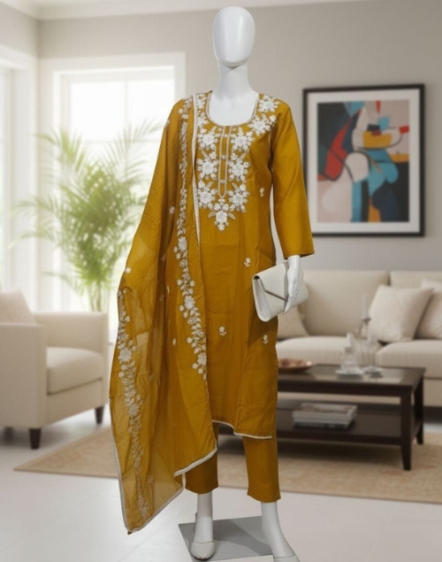 Mustard Yellow Roman Shimmer Kurta Pant & Dupatta Set
