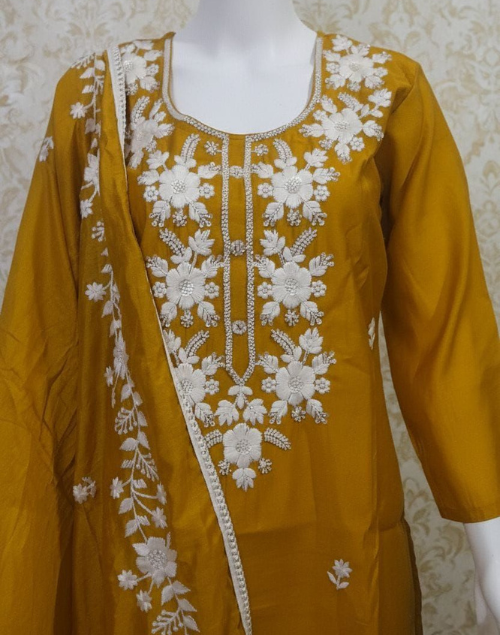 Mustard Yellow Roman Shimmer Kurta Pant & Dupatta Set
