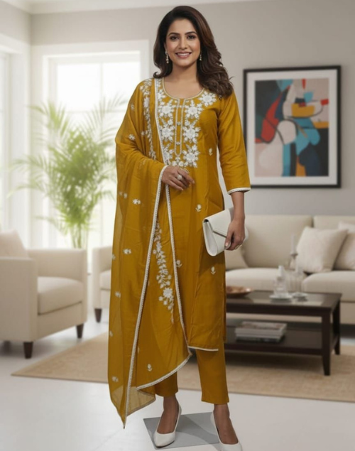 Mustard Yellow Roman Shimmer Kurta Pant & Dupatta Set