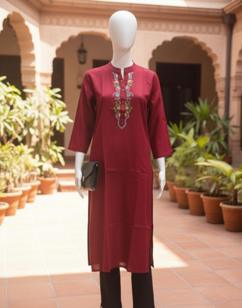 Maroon Linen Kurta