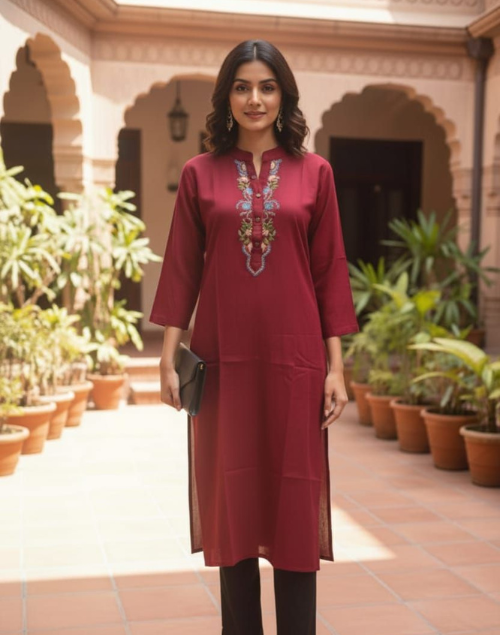 Maroon Linen Kurta